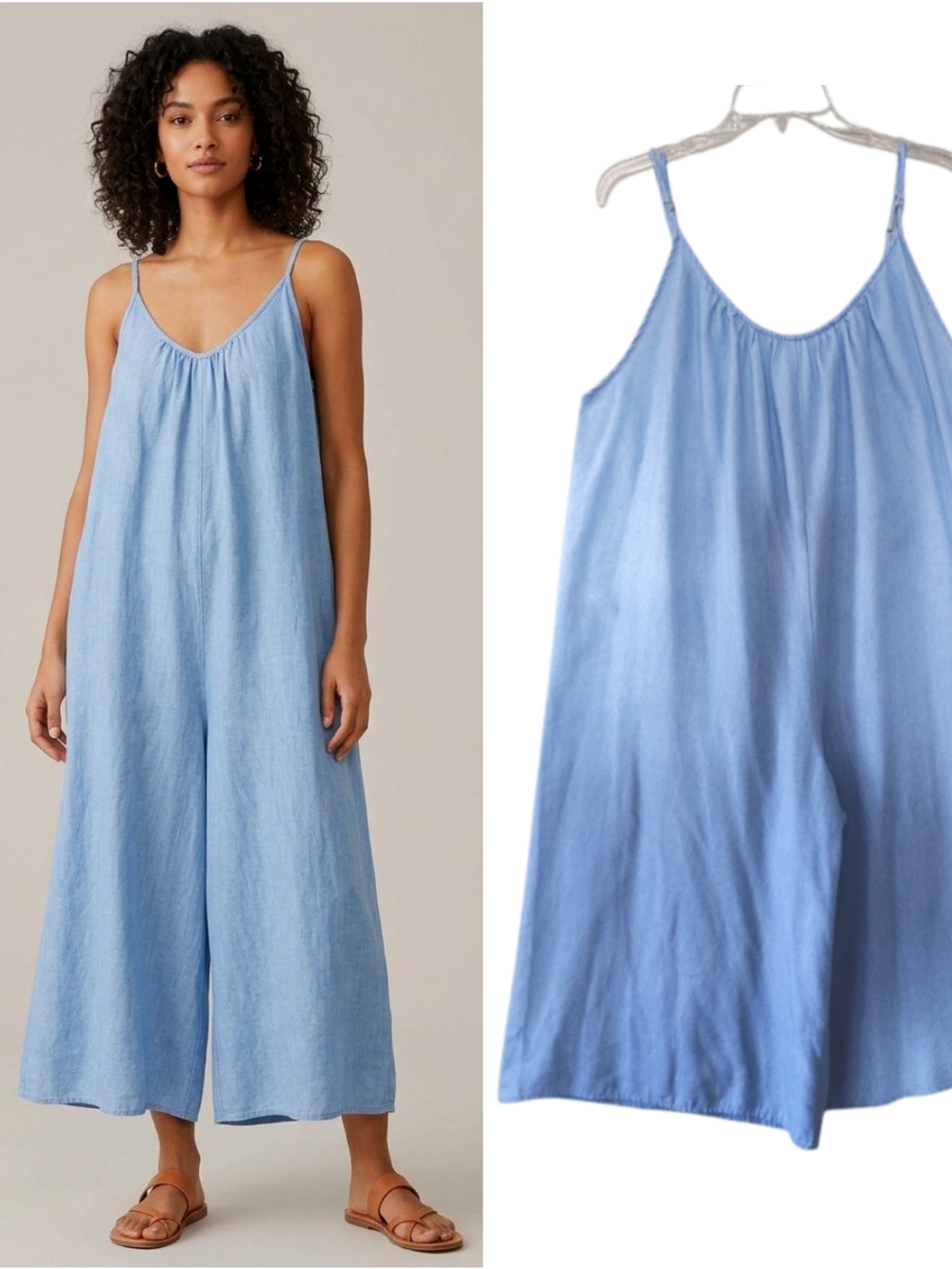 Blush Blue Wide Leg Chambray Sleeveless Jumpsuit Large Cropped Boho